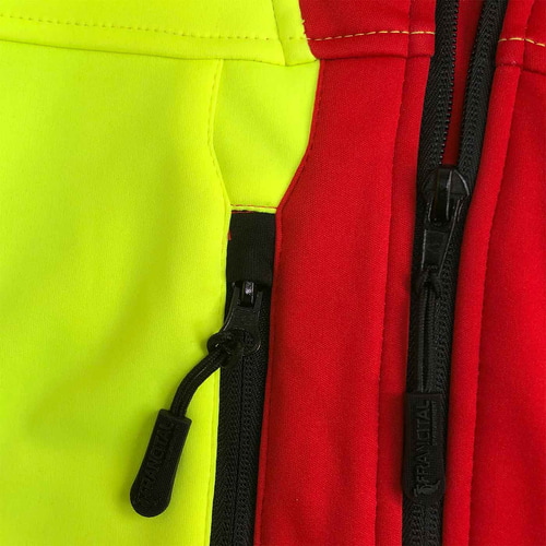 Aigoual R Jacke Nahaufnahme der schwarzen Reißverschlüsse und des roten und gelben Stoffes