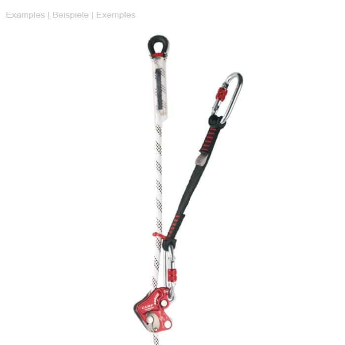 Goblin Lanyard 26, vollständiges Kletterset mit schwarzem Band, rotem Kunststoffhaken, Aluminiumkarabiner und rotem Klettergerät an weißem Seil