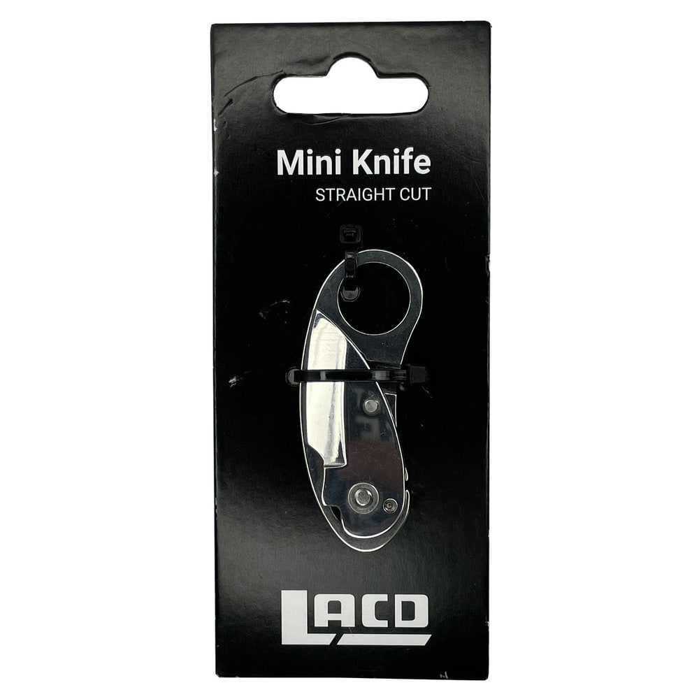 Mini Knife Straight Cut Messer von Laco in schwarzer Verpackung mit weißer Aufschrift und Sichtfenster, das Messer ist im geschlossenen Zustand sichtbar