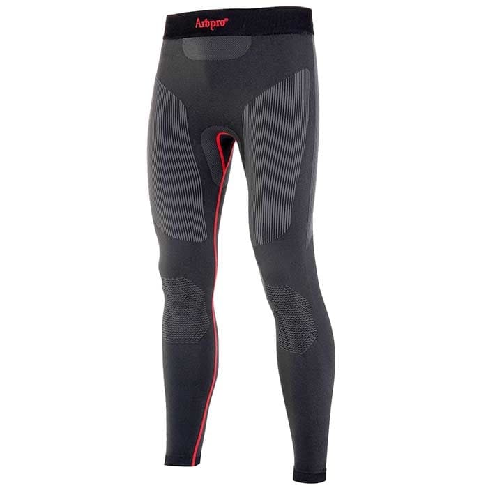 Climb Tech Base Layer Pants von Aripro, schwarze lange Hose mit grauen und roten Akzenten, elastischer Bund mit rotem Aripro-Logo