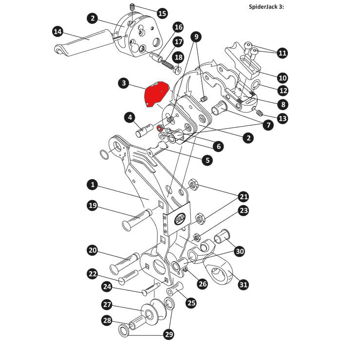 Technische Zeichnung des SpiderJack 3 mit nummerierten Einzelteilen, die Klemmbacke B ist rot hervorgehoben und befindet sich im oberen linken Bereich der Zeichnung.