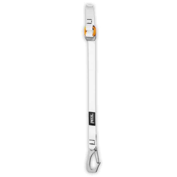 Knee Ascent Clip Unteres Band von Petzl, weißes Band mit verstellbarem orange-grauem Clip und Karabinerhaken aus Metall