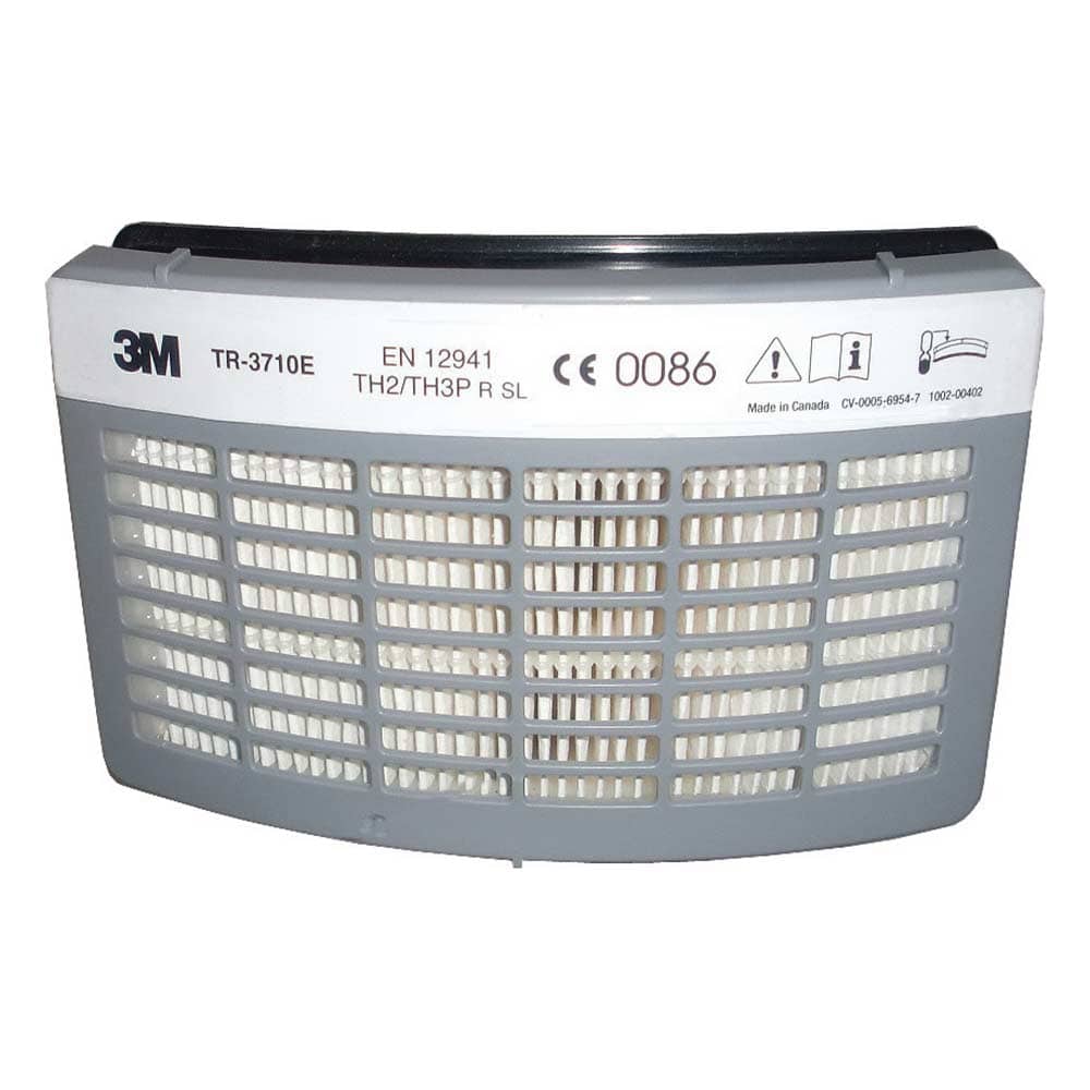 Versaflo Partikelfilter von 3M Modell TR-3710E mit grauem Gitter und weißen Filterelementen, Beschriftung mit EN 12941, CE 0086 und weiteren Symbolen