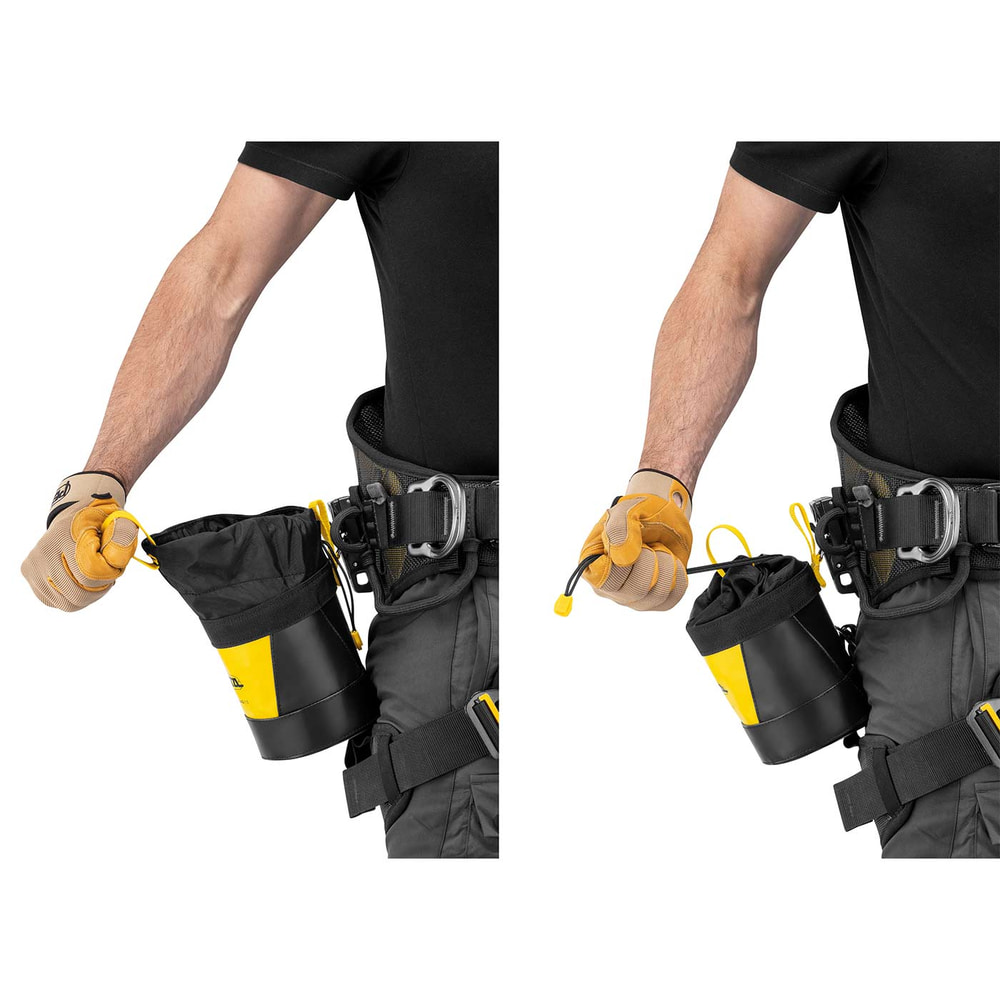 Toolbag 1.5 von Petzl, gelb-schwarze Tasche mit Kordelzug, an einem Klettergurt befestigt, zwei Bilder mit Person, die Handschuhe trägt und die Kordel zieht