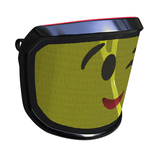 PROTOS® Visier Arbormoji mit gelbem Gitter und zwinkerndem Emoji-Gesicht, schwarzer Rahmen und roter Oberkante, seitliche Ansicht von links