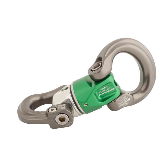 Mini-Swivel Nexus 1, ein drehbarer Karabinerhaken mit grünem Mittelteil und silbernen Haken, seitlich fotografiert auf weißem Hintergrund