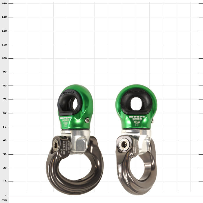 Mini-Swivel Focus L, zwei grüne und silberne Metallteile mit rundem oberen Abschnitt und großem Haken unten, Produktname sichtbar