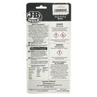 Rückseite der JB Weld ClearWeld Quick-Setting Epoxy Verpackung mit detaillierten Anweisungen, Warnhinweisen, Gefahrenpiktogrammen und Anwendungsbereichen, alles in schwarz-weißem Design mit Hersteller- und Importeurinformationen