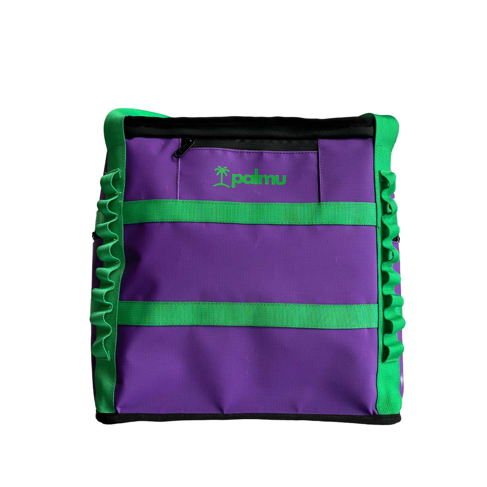 Palmu 32 Tasche in lila mit grünen Streifen und Reißverschlussfach vorne, Hersteller Palmu sichtbar