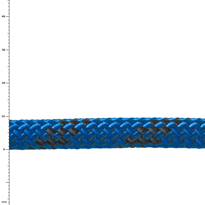 Nahaufnahme eines blauen Seils mit schwarzem Muster und einer Skala in Millimetern auf der linken Seite