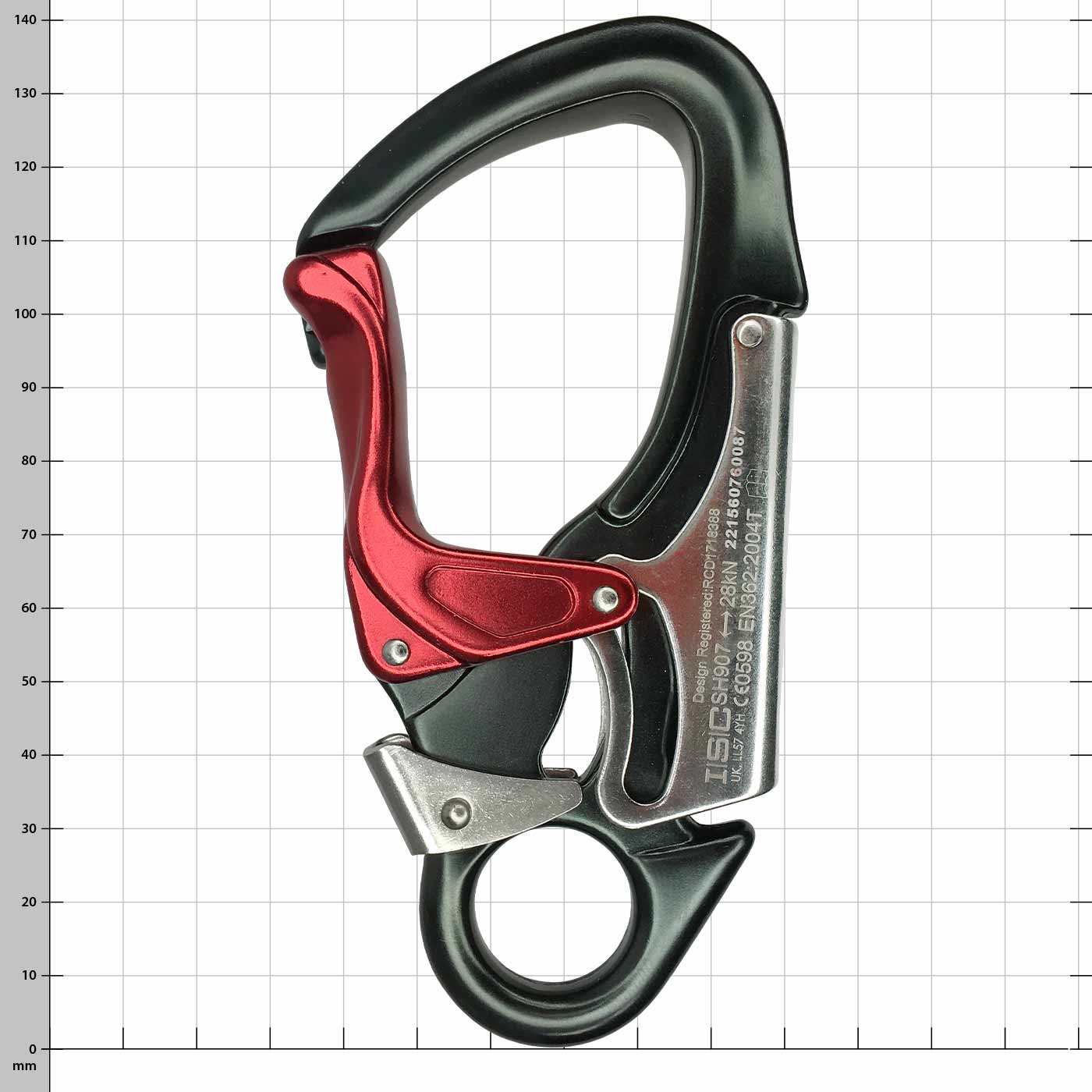 Triglav Karabinerhaken mit schwarzem und rotem Metall, seitliche Ansicht mit sichtbaren Schrauben und Gravur auf der Metallfläche