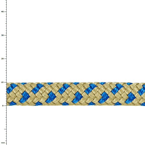 Bee-Line Sling 10, Nahaufnahme des beige-blauen geflochtenen Seils mit Muster und Maßskala im Hintergrund