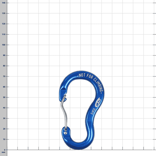 Key Wire blauer Karabinerhaken mit der Aufschrift "NOT FOR CLIMBING" und "Italy" auf einem weißen Rasterhintergrund