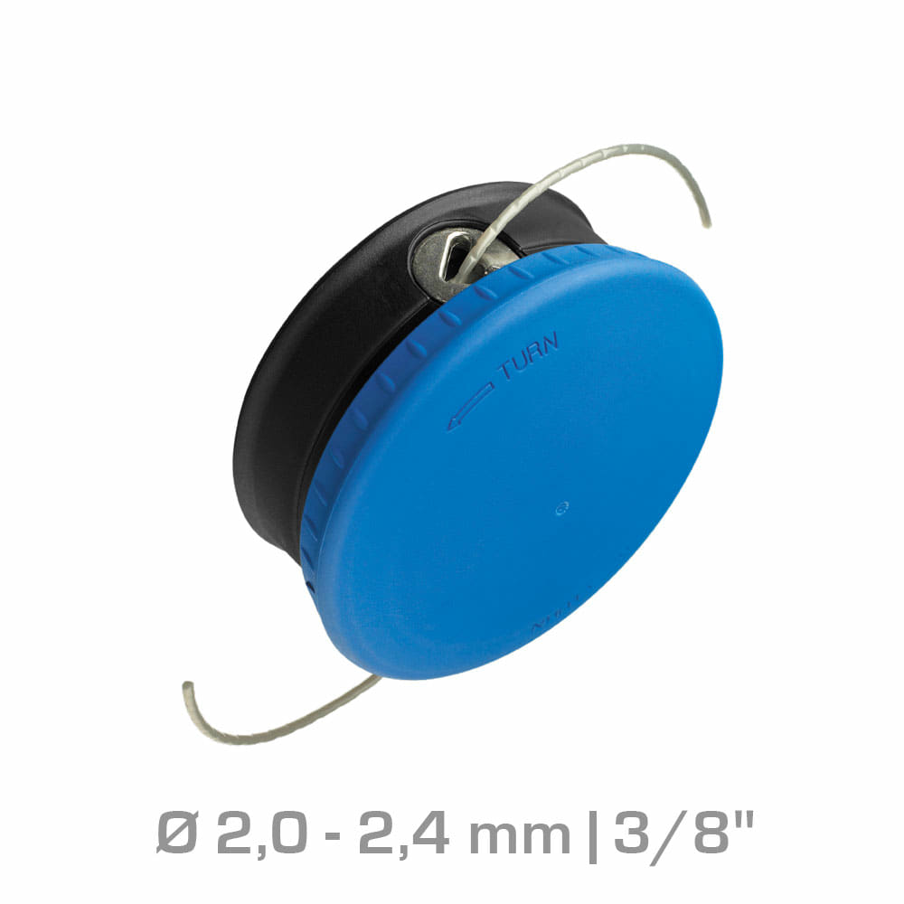 Produkt T25C mit rundem Gehäuse, blauem Deckel und schwarzem Unterteil, zwei herausstehende weiße Fäden