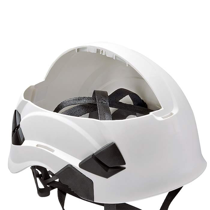 Weißer Petzl Vertex Vent Helm von innen mit schwarzem Innenriemen