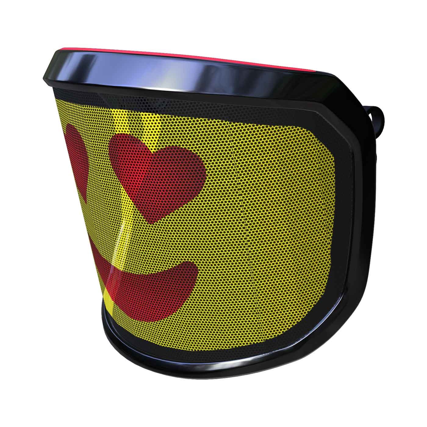 PROTOS® Visier Arbormoji seitliche Ansicht mit gelbem Hintergrund und rotem Smiley mit Herzaugen, schwarzer Rahmen