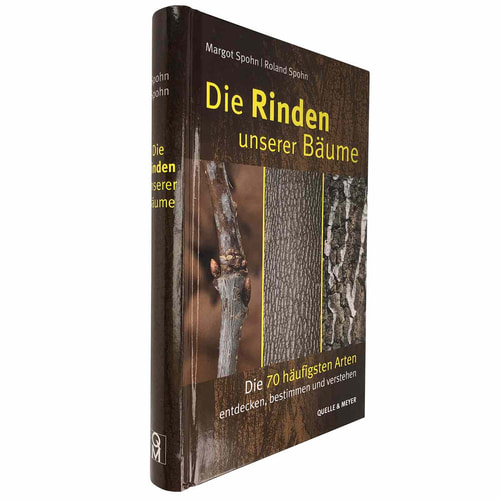 Buch "Die Rinden unserer Bäume" von Margot Spohn und Roland Spohn, Seitenansicht mit braunem Hintergrund und Baumrindenbildern, Hersteller QUELLE & MEYER