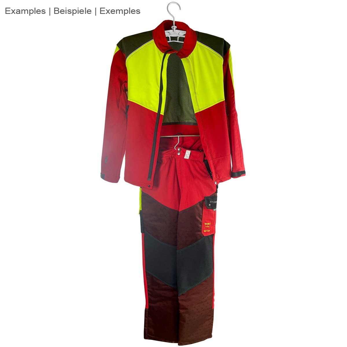 Toolprotect Kleiderbügel Pro mit roter und gelber Arbeitsjacke und passender Hose, von vorne fotografiert
