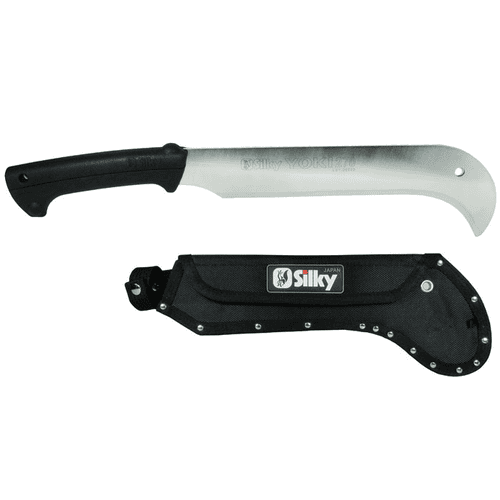 Yoki Machete 270 von Silky mit schwarzem Griff und silberner Klinge, dazu schwarze Scheide mit Silky-Logo