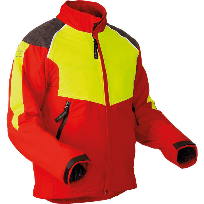 Schnittschutzjacke in Rot mit gelben und grauen Akzenten, mit Reißverschluss und Taschen