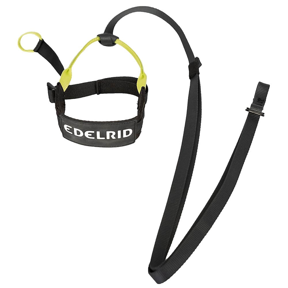 Prostep II von Edelrid, ein schwarzes und gelbes Klettersteigset mit Gurt und Schlaufen, liegend mit sichtbarem Edelrid-Logo