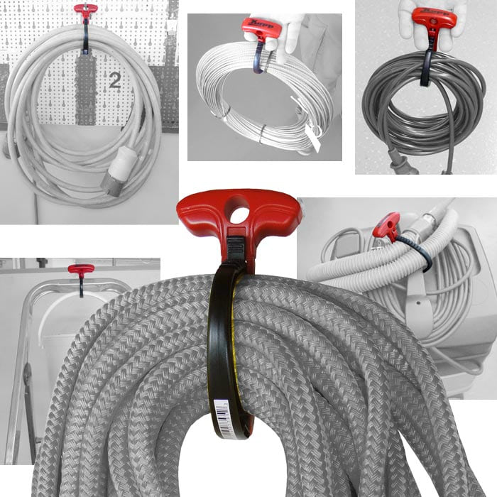 Verschiedene Anwendungen des Cable Wraptor S, der rote Griff hält aufgerollte Kabel und Schläuche in unterschiedlichen Größen