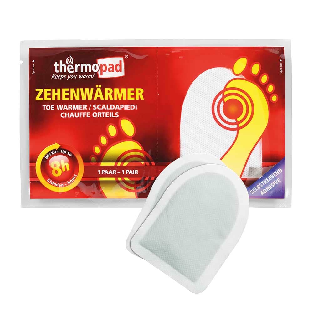 Zehenwärmer von thermopad, Verpackung in Rot mit gelber Fußgrafik und zwei weißen, selbstklebenden Wärmepads davor