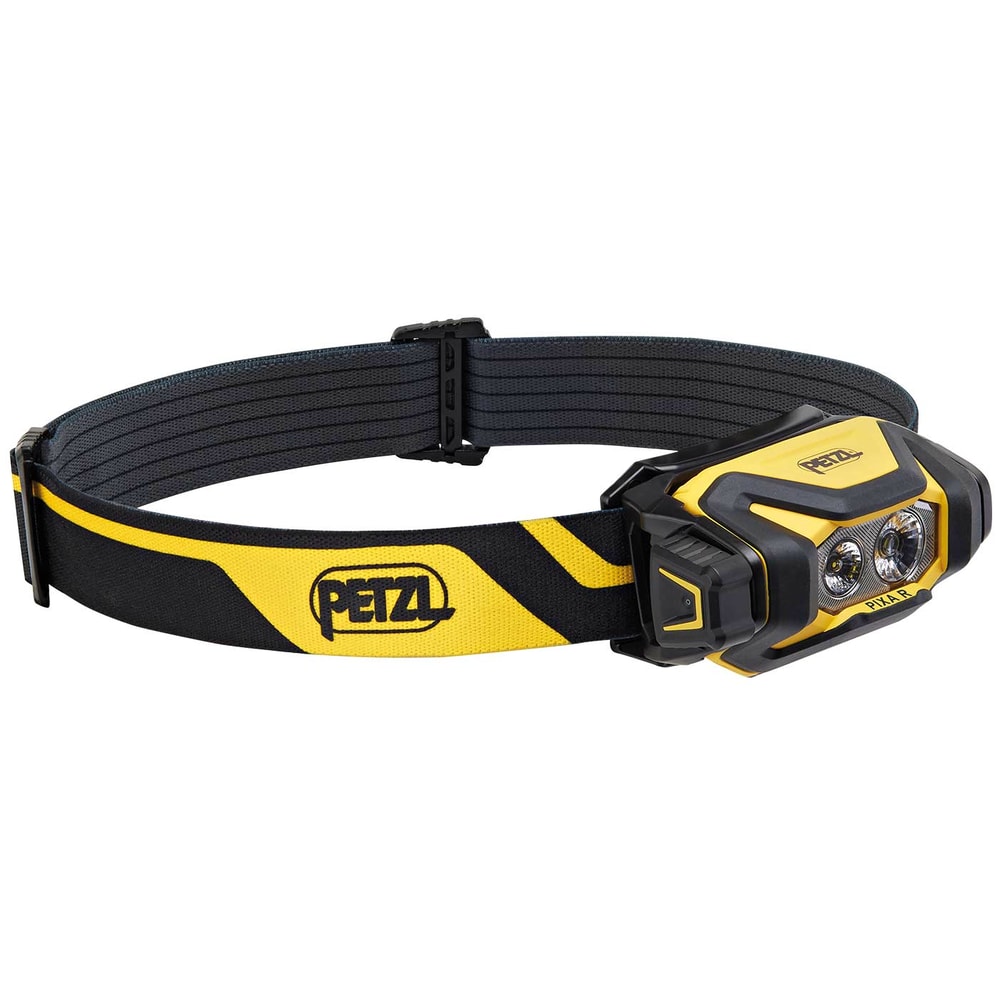 Petzl Pixa R Stirnlampe mit gelb-schwarzem verstellbarem Kopfband und zwei Leuchtlinsen vorne