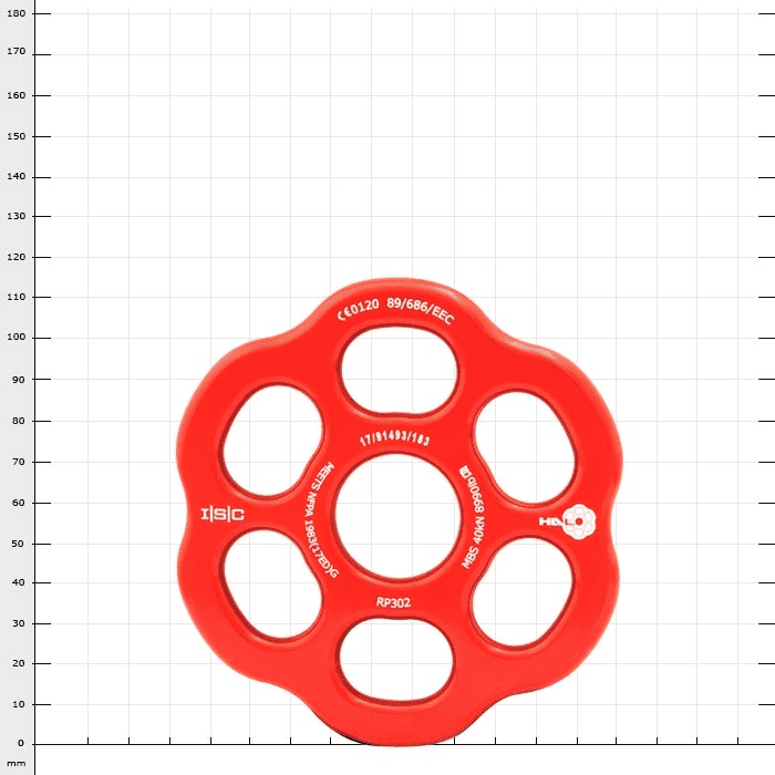 Rigging Plate Halo Red, roter Ring mit sechs ovalen Öffnungen, Produktname und technische Angaben in weiß auf der Oberfläche sichtbar
