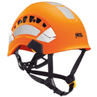 Petzl Vertex Vent Hi-Viz Helm in Orange mit schwarzen Gurten und reflektierenden weißen Aufklebern