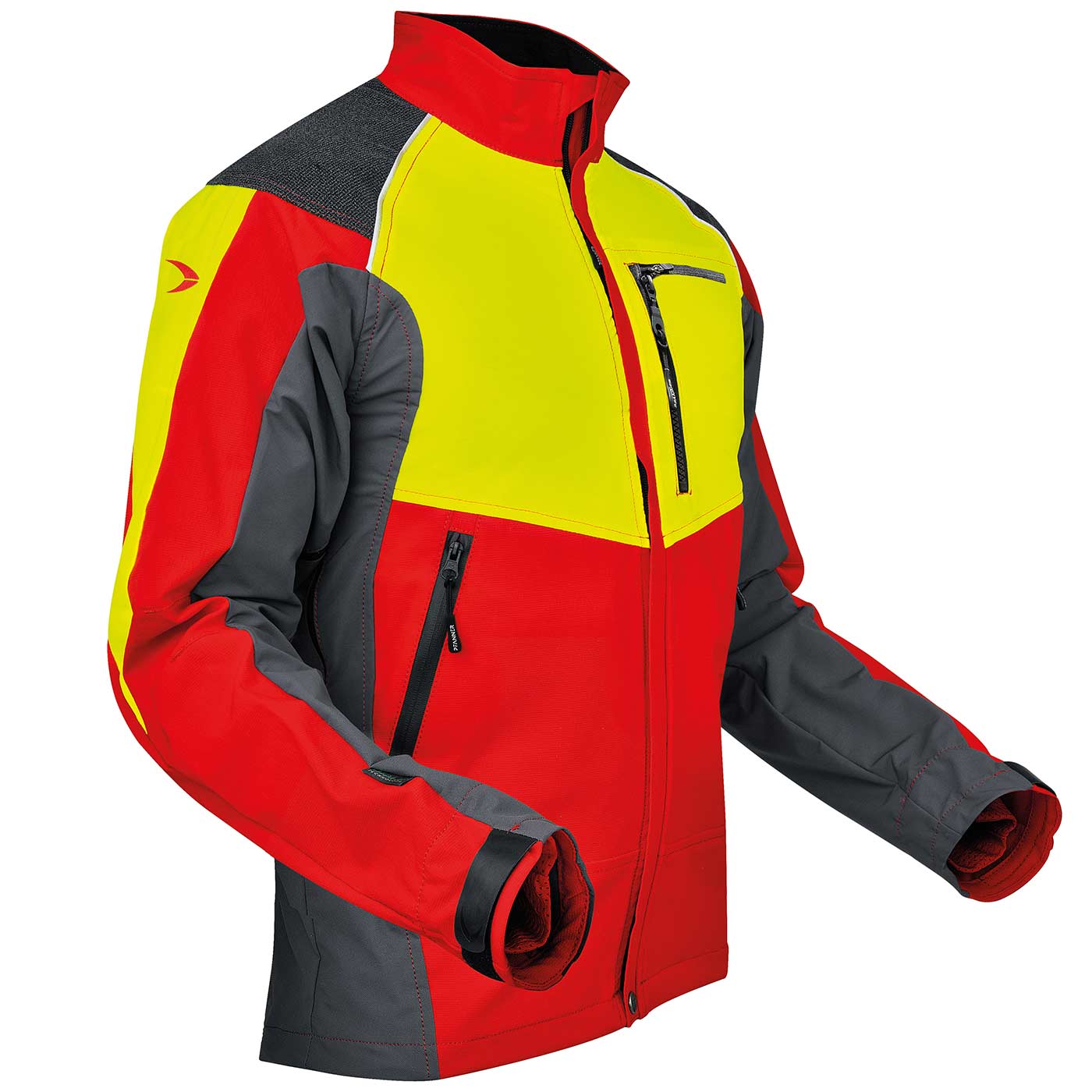 Ventilation Jacket in Rot, Gelb und Grau mit Reißverschlusstaschen und hohem Kragen
