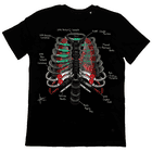 Schwarzes T-Shirt mit einem aufgedruckten Design, das ein Rippenkäfigmuster aus Kletterausrüstung zeigt, Produktname Arb Ribs