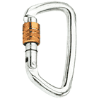 D-Steel 50 Screw Karabinerhaken aus Metall mit silberner Oberfläche und goldenem Schraubverschluss vor weißem Hintergrund