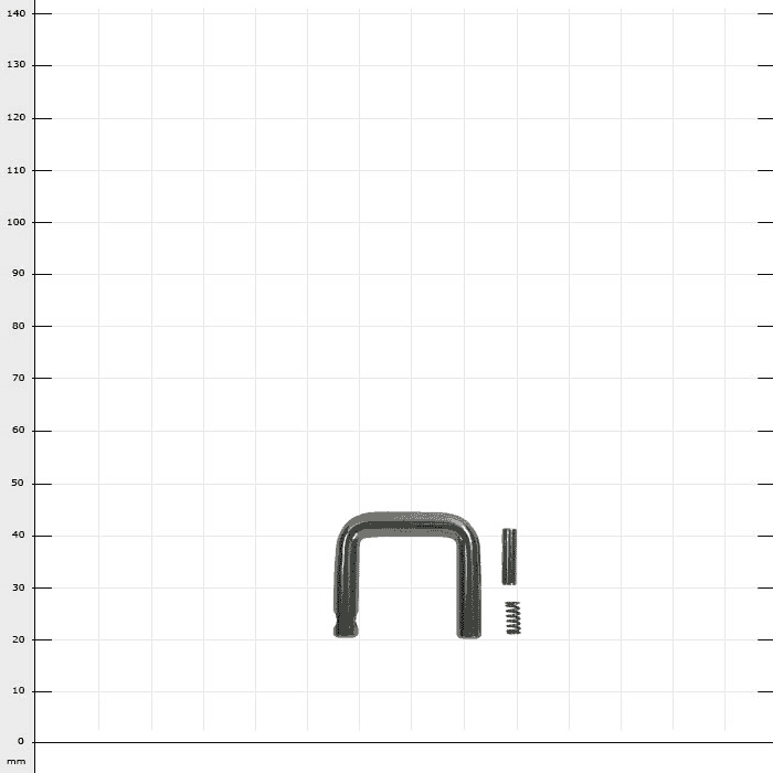 RopeGuide TwinLine Lösegriff, Metallbügel mit zwei kleinen Metallteilen auf kariertem Hintergrund
