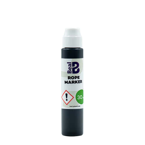 Beal Rope Marker Flasche mit weißem Deckel und schwarzem Körper, 30 ml Inhalt, auf weißem Hintergrund