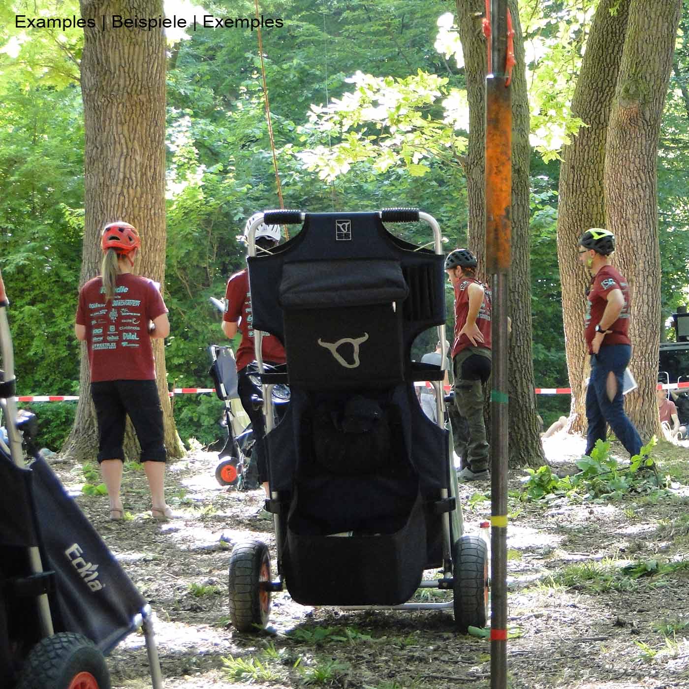 Beach Rolly Dolly Strandwagen in Blau und Schwarz mit einem weißen Stierkopf-Logo auf der Rückseite, stehend im Wald mit mehreren Menschen im Hintergrund
