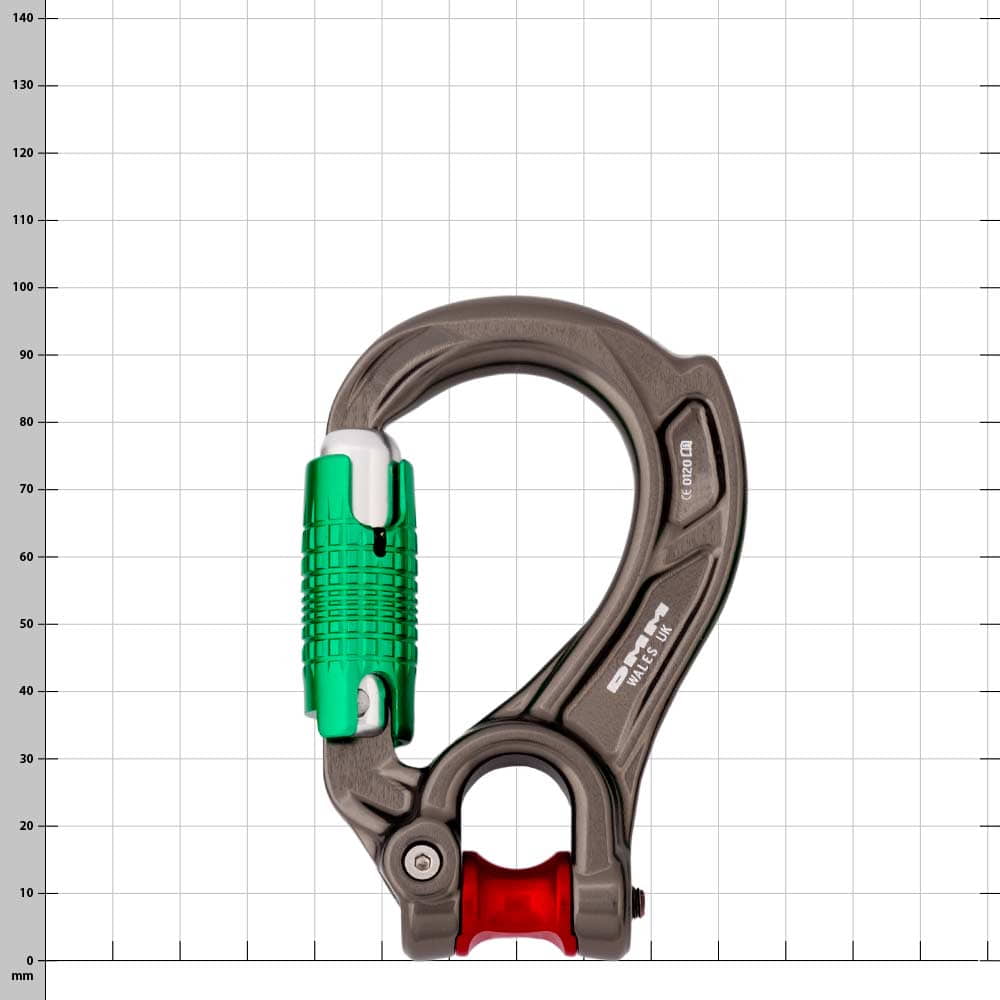 Director Yoke Karabiner mit grünem Verschluss und roter Rolle, braun-graues Metallgehäuse