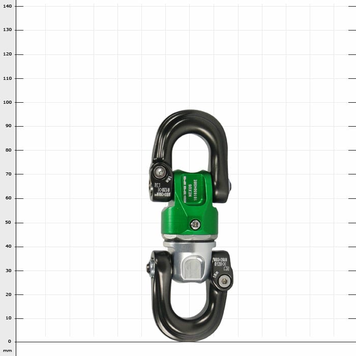 Mini-Swivel Nexus 2, grünes Mittelstück mit schwarzen Haken oben und unten, Hersteller Nexus sichtbar
