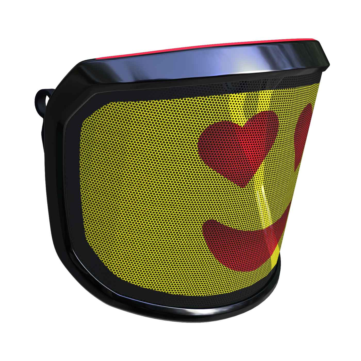 PROTOS® Visier Arbormoji seitliche Ansicht von der anderen Seite mit gelbem Hintergrund und rotem Smiley mit Herzaugen, schwarzer Rahmen
