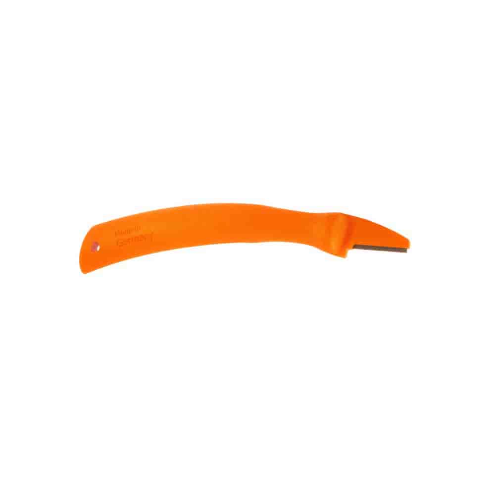 orangefarbener Klingenschärfer Original LÖWE mit gebogenem Griff, freigestellt auf weißem Hintergrund