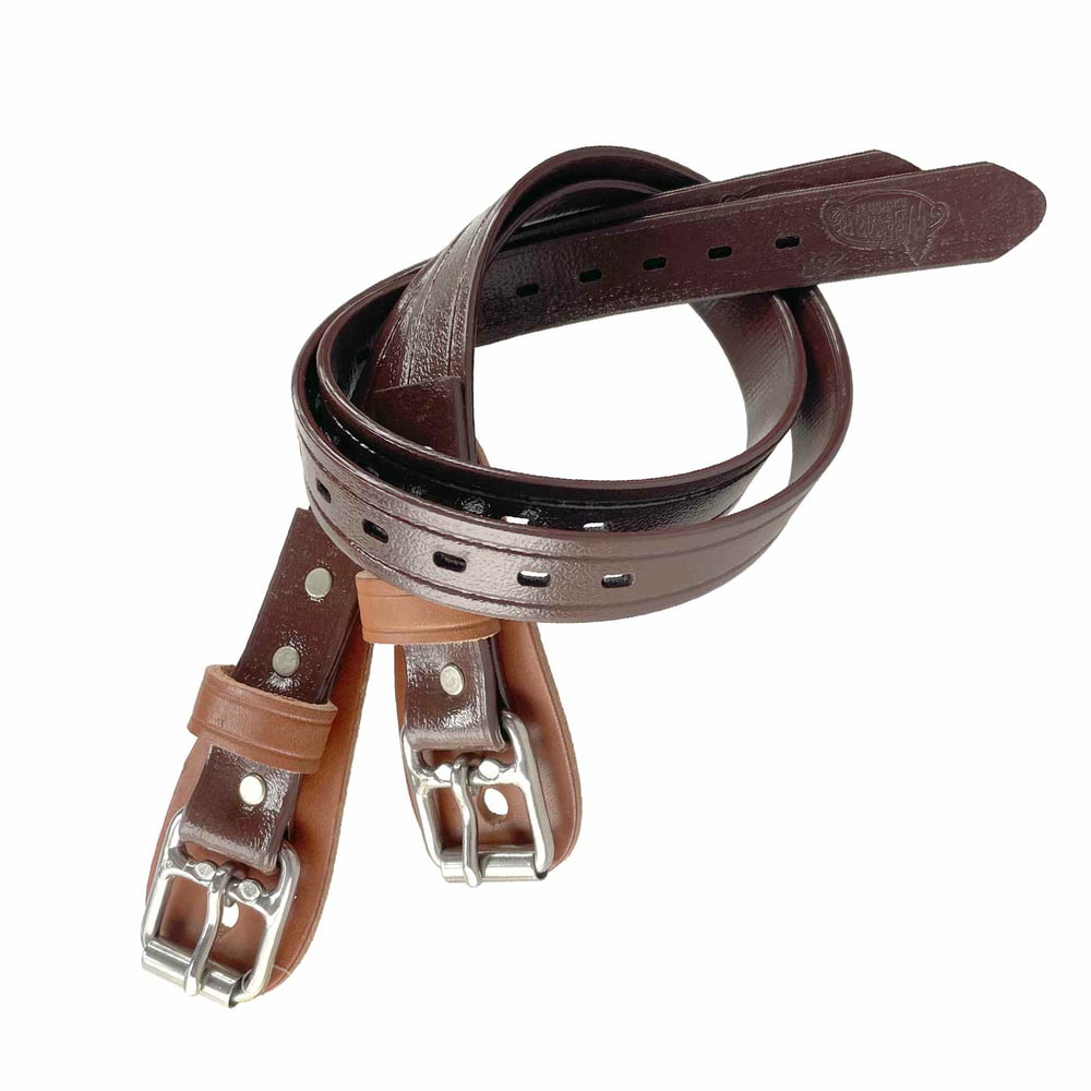 Polsterberiemung aus braunem Leder mit silbernen Metall-Schnallen und mehreren Einstelllöchern