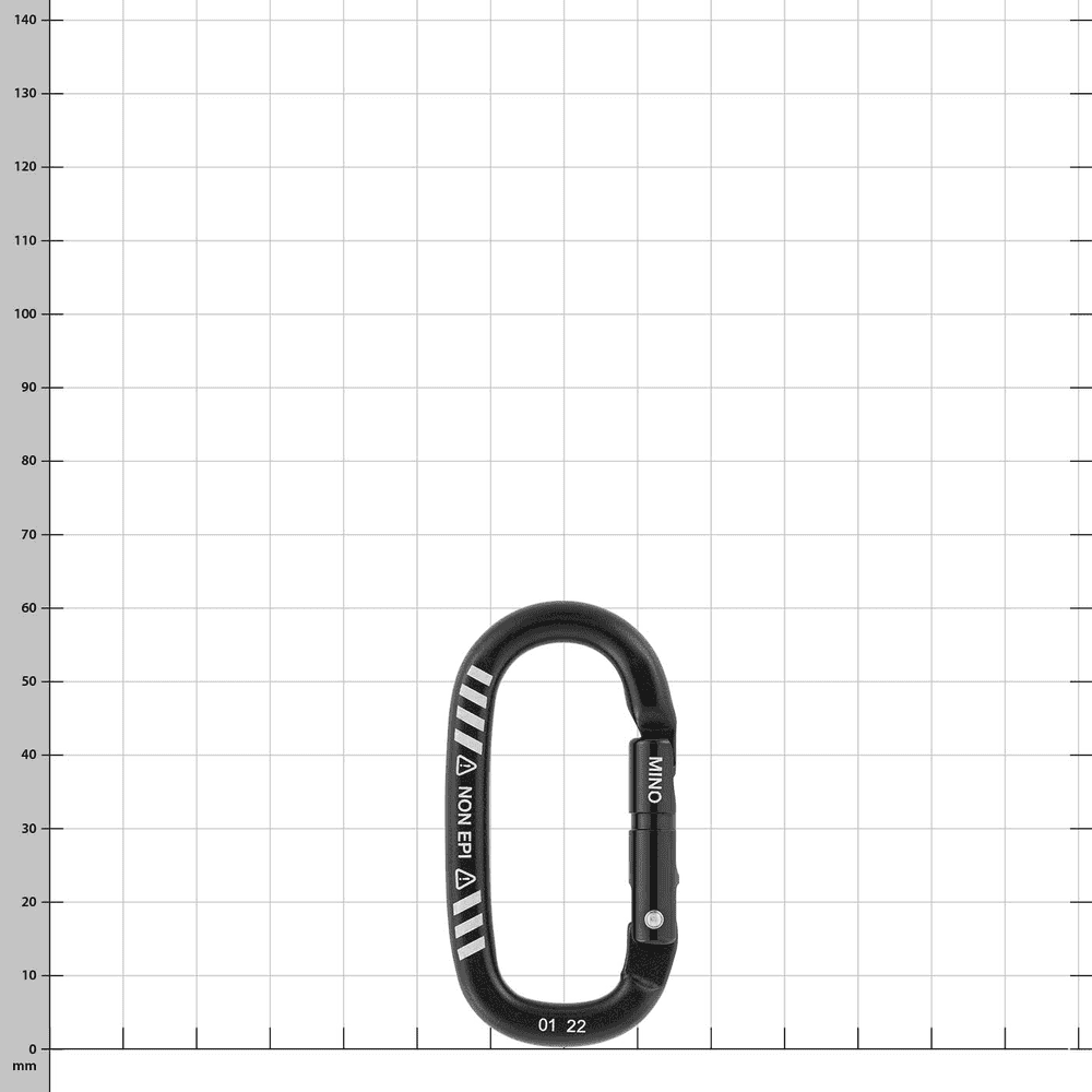 Mino Karabiner von Petzl in schwarz mit weißen Markierungen, MINO-Schriftzug und Jahreszahl 01 22 auf dem Karabiner