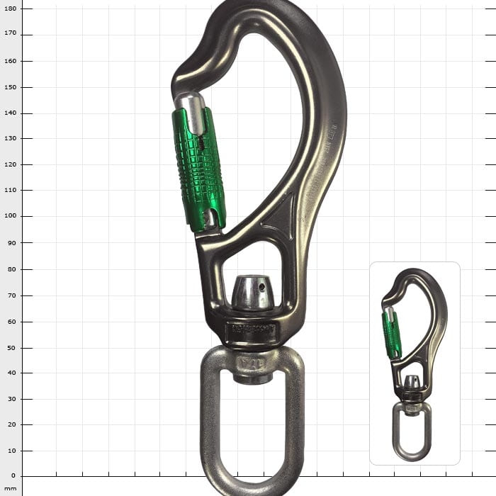 Flex Fly Plus, großer silberner Karabiner mit grünem Verschlussmechanismus und drehbarem unteren Ring auf Millimeter-Hintergrund