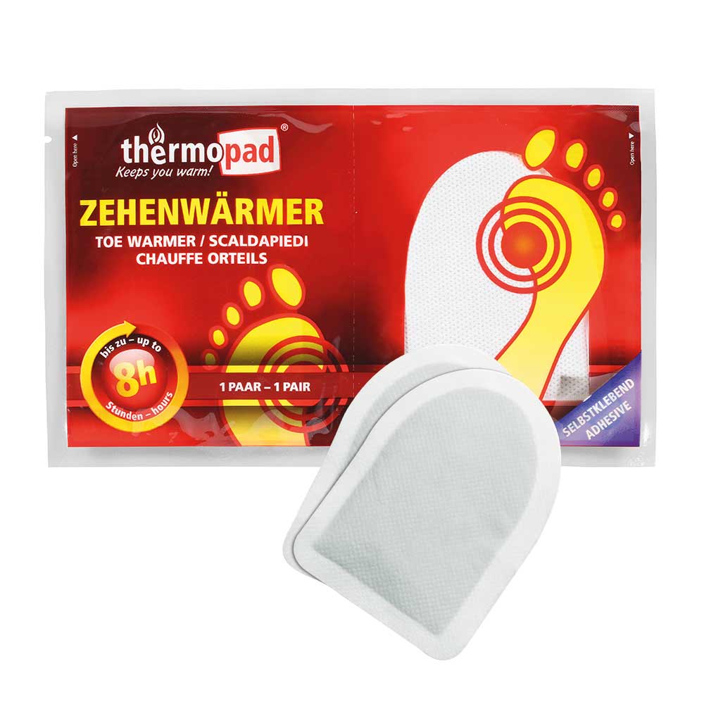 Zehenwärmer von thermopad, Verpackung in Rot mit gelber Fußgrafik und zwei weißen, selbstklebenden Wärmepads davor