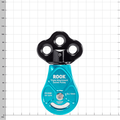 Rook Triple Attachment Swivel Pulley blaue Seilrolle mit schwarzem oberen Teil und drei Befestigungslöchern, Aufschrift ROOK und technischen Angaben auf der Vorderseite