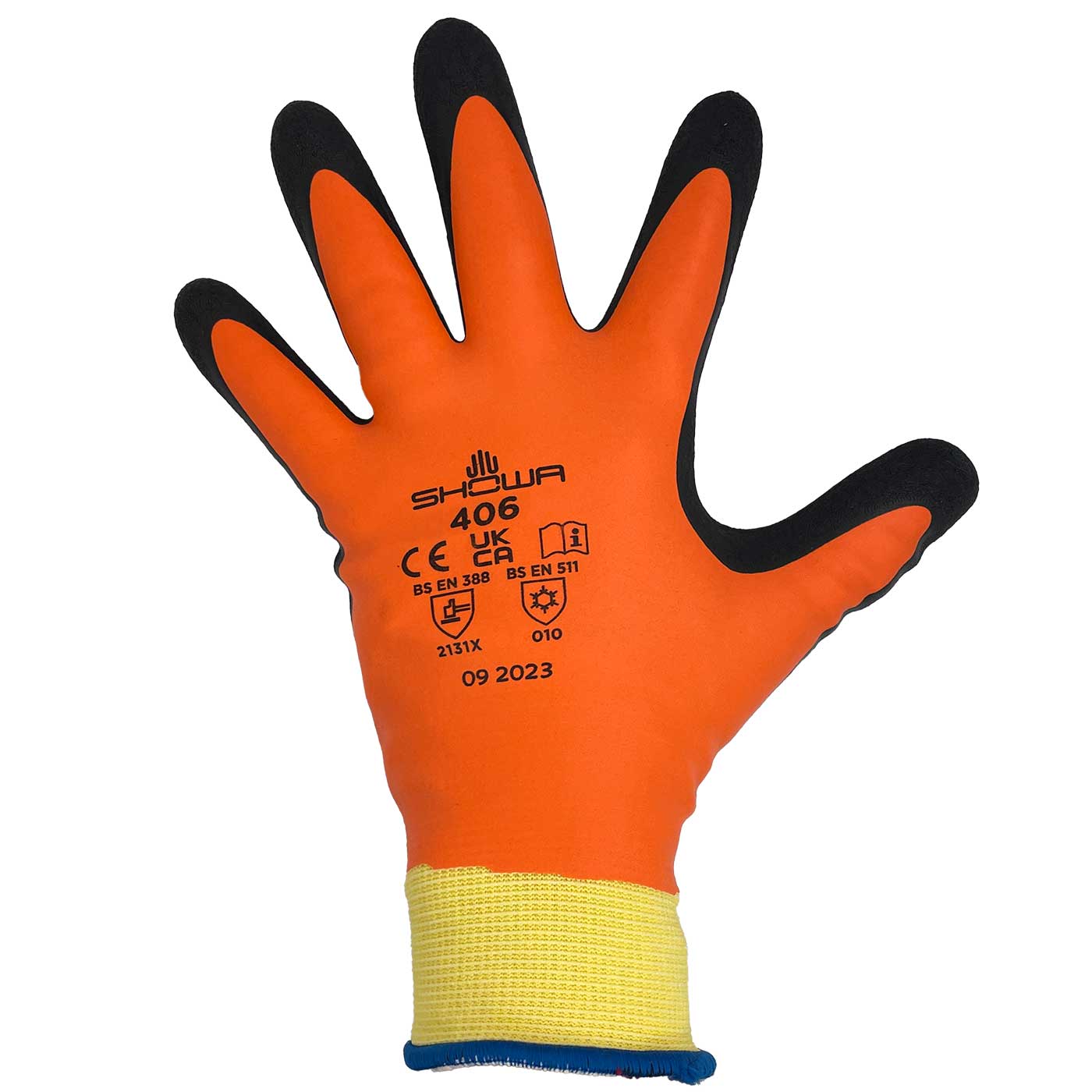 Showa 406 Arbeitshandschuh in Orange mit schwarzer Beschichtung an den Fingern und gelbem Bündchen, Rückseite sichtbar mit Aufdruck