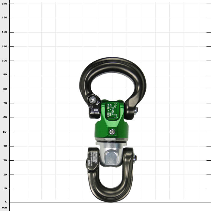 Mini-Swivel Nexus 1, ein drehbarer Karabinerhaken mit grünem Mittelteil und schwarzen Haken oben und unten, vor weißem Hintergrund mit Raster