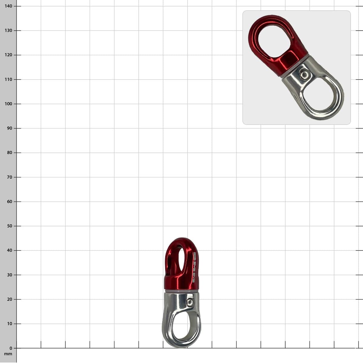 XSRE Swivel, rot-silberner Wirbel aus Metall, auf weißem Hintergrund mit Rastermaß