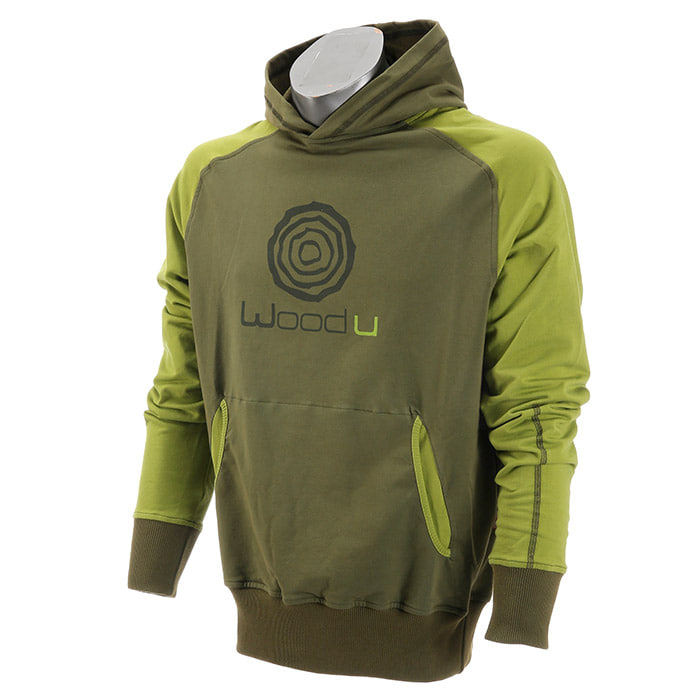 Forest WoodU Kapuzenpullover in zwei Grüntönen mit Fronttasche und Logo auf der Brust