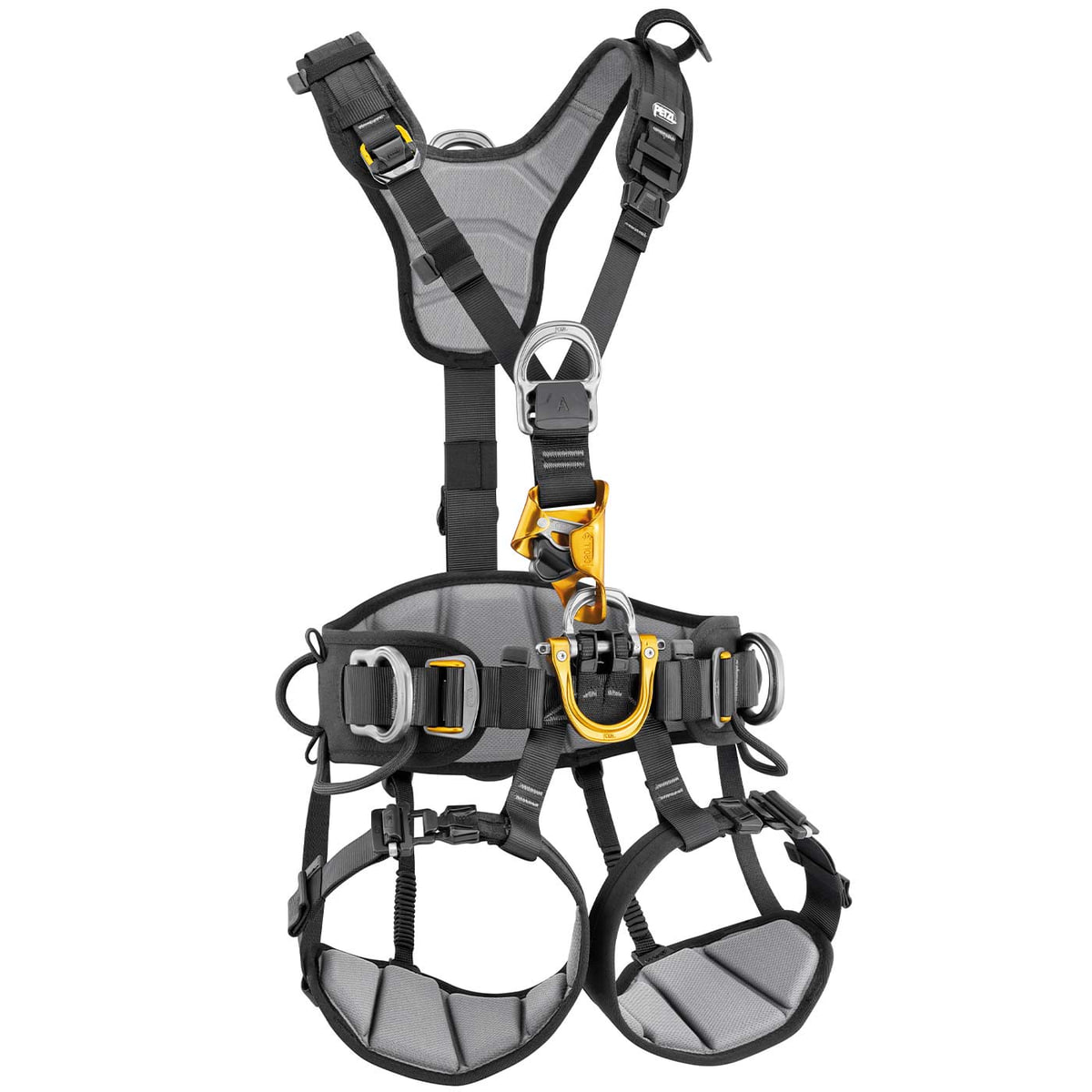Astro Bod Fast Klettergurt von Petzl in Grau und Schwarz mit gelben Metallteilen und gepolsterten Bein- und Hüftschlaufen